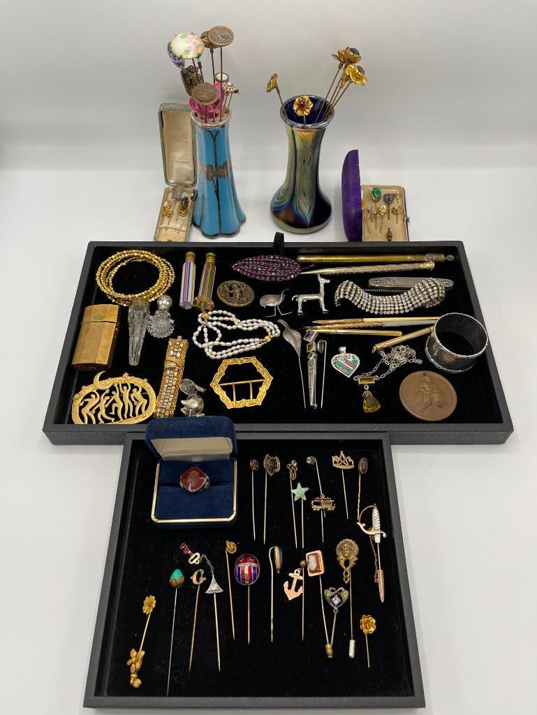 Roycroft stickpin, hat pins, perfume bottles and more: Roycroft stickpin, hat pins, perfume bottles and more.
