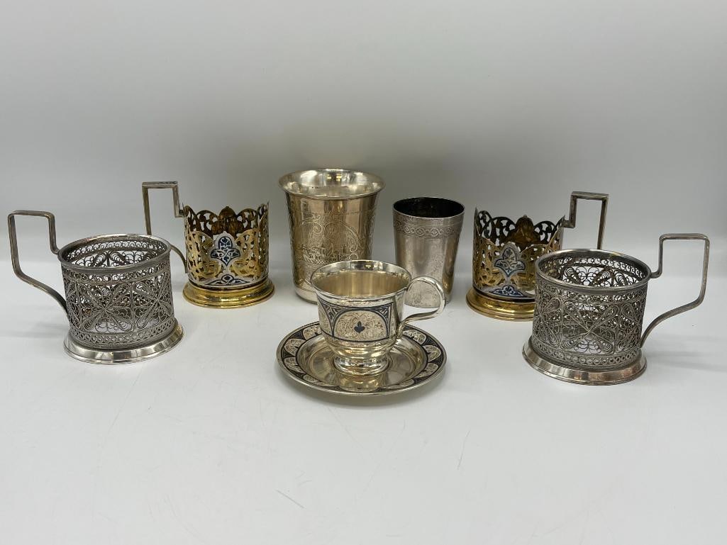 Group of Russian silver cups, tea holders and more (1 of 13)