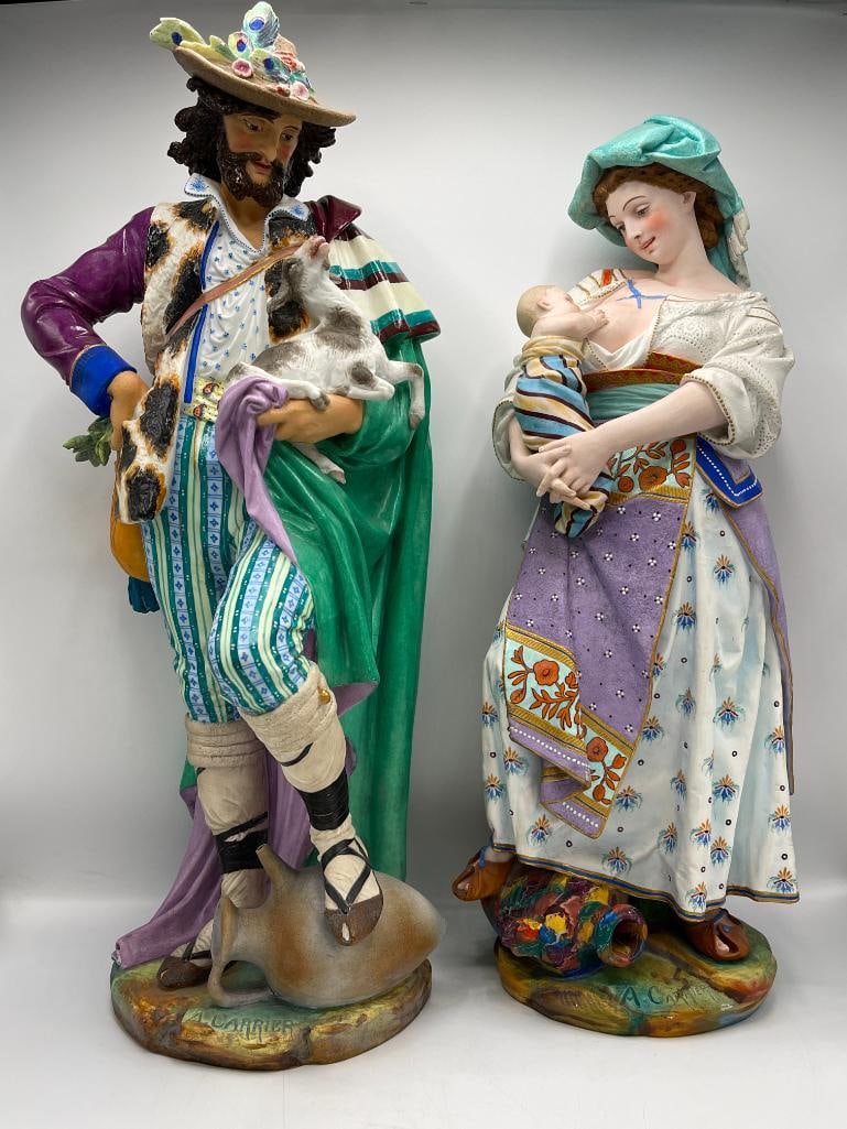Large A. Carrier statues Man with goat and Woman with child: Large A. Carrier statues Man with goat and Woman with child. 2 pieces. Approx. 24x10x10 inches.