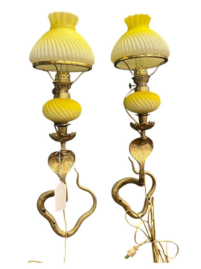 Pair of Yellow / White peg lamps with Cobra snake mounts (1 of 7)