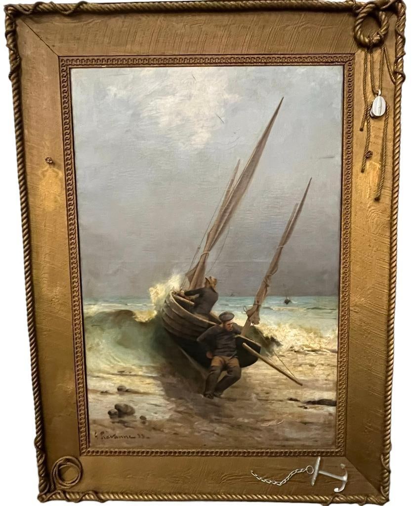 Palace size Leon Gustave Ravanne 1888 signed oil on canvas: Palace size Leon Gustave Ravanne 1888 signed oil on canvas in nautical themed frame. Approx. 96x70x3 inches.