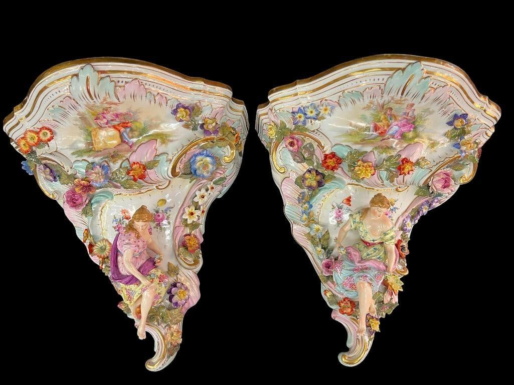 Pair of Large wall consoles in the style of Meissen: Pair of Large wall consoles in the style of Meissen. 2 pieces. Approx. 17x18x11 inches.