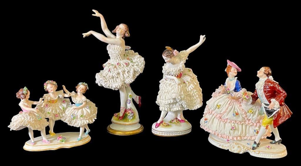 Group of 4 porcelain Dresden style figures (1 of 15)