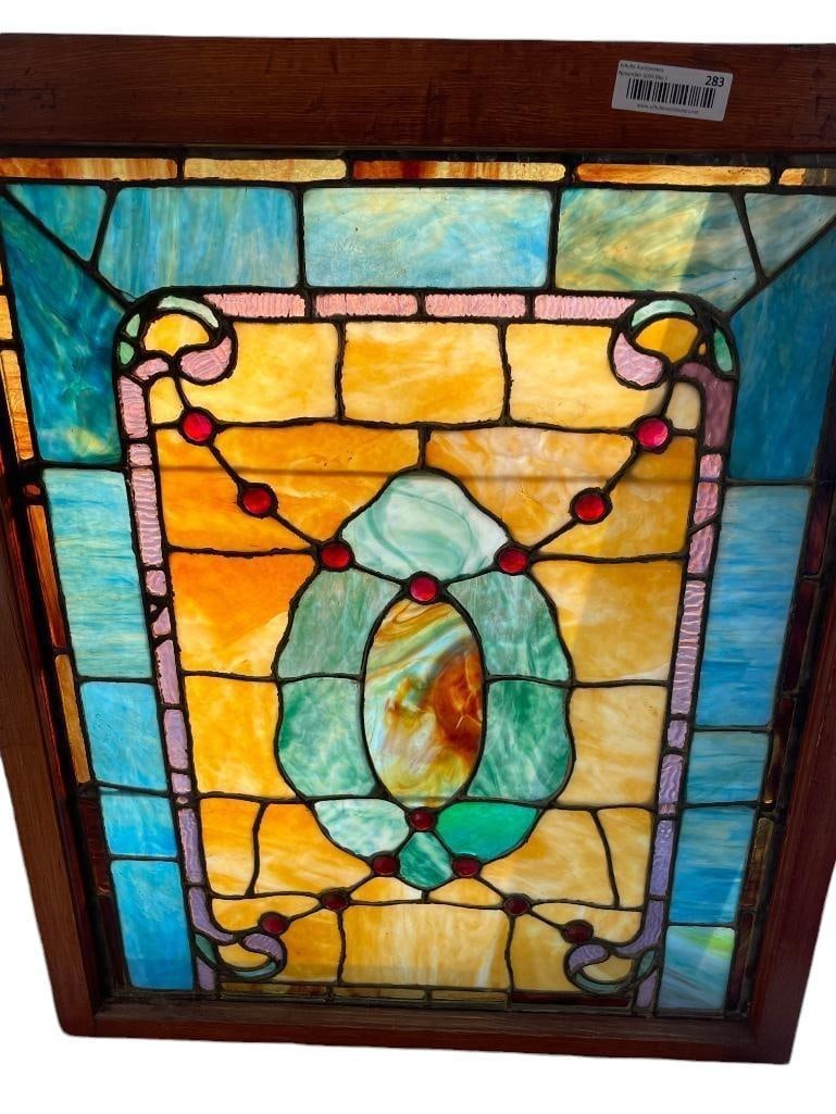 Wonderful Leaded glass window with jewels: Wonderful Leaded glass window with jewels. Approx. 34x27x1 inches.