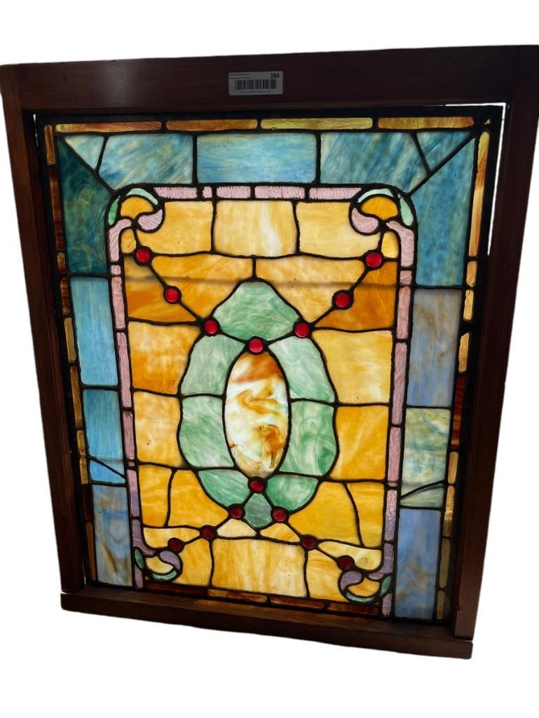 Wonderful Leaded glass window with jewels: Wonderful Leaded glass window with jewels. Approx. 34x27x1 inches.