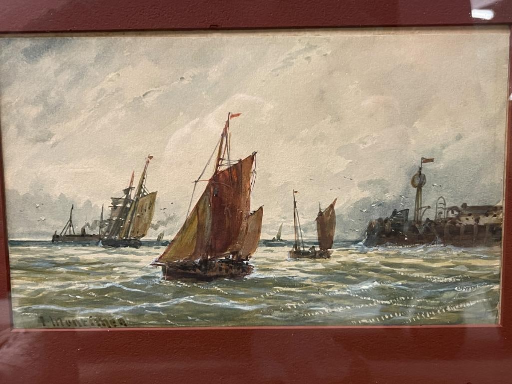 T. Montimen signed watercolor, ships at sea (1 of 4)