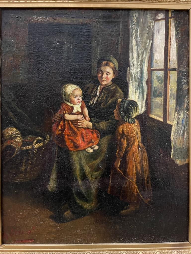 K. Lazapato signed oil on canvas Mother and children: K. Lazapato signed oil on canvas Mother and children. Frame Approx. 27x31 inches. Painting approx. 16" x 20"