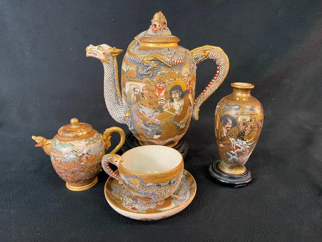 Satsuma Dragon teapot, cup, saucer, vase and more (1 of 17)