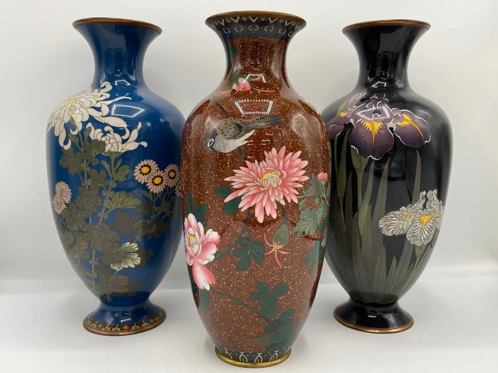 3 Cloisonne vases with floral designs (1 of 10)