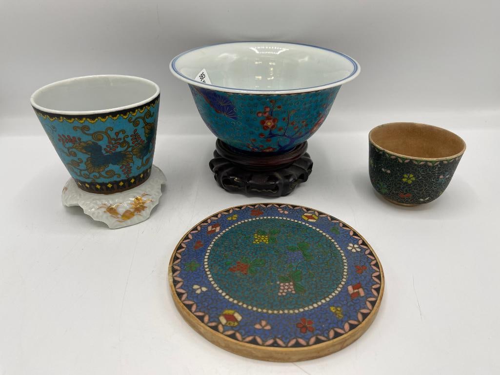 Group of cloisonne cups, bowls, vases and trivet: Group of cloisonne cups, bowls, vases and trivet. 8 pieces. Blue vase approx. 7x4x4 inches.