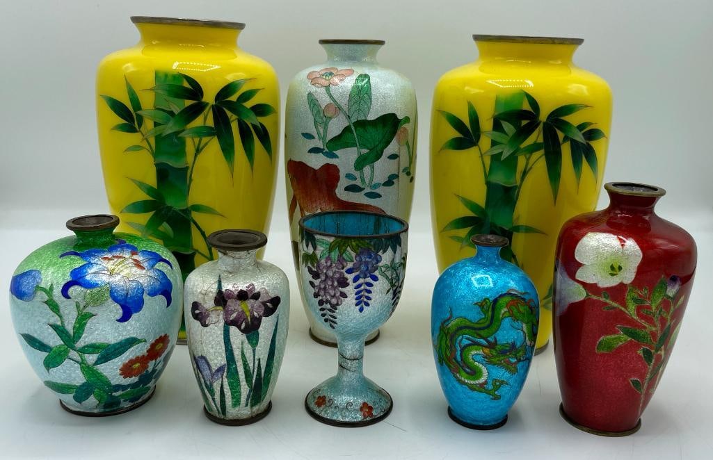 Cloisonne vases with bamboo, flowers, Koi fish designs and more (1 of 20)