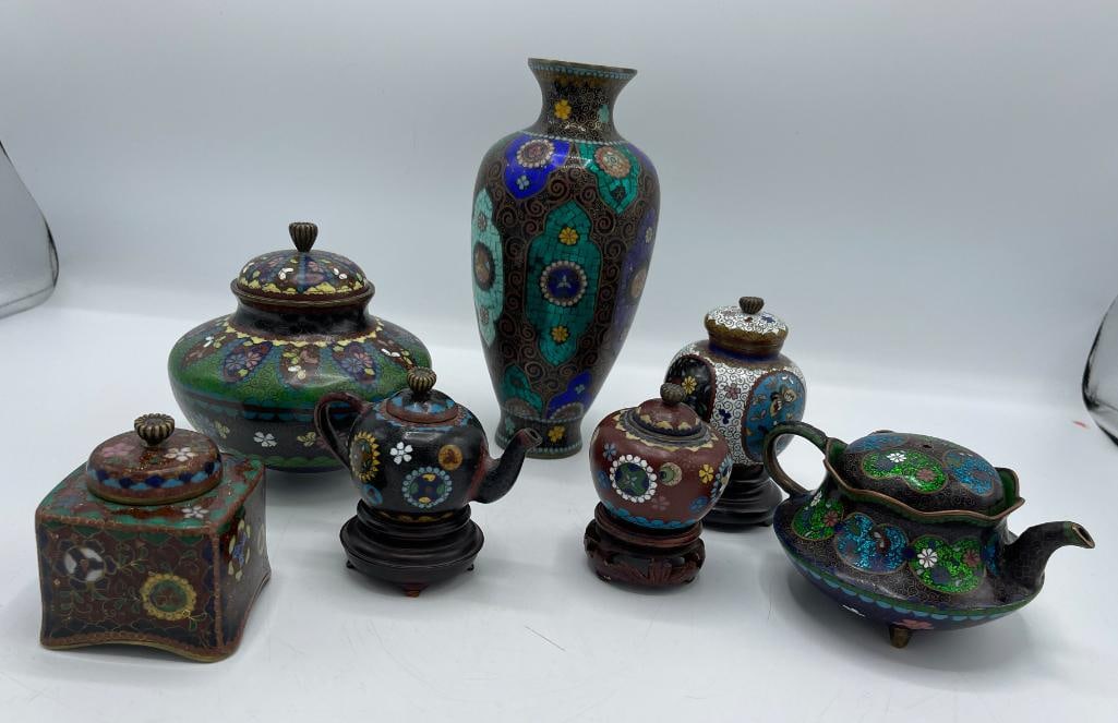 Group of Asian cloisonne inkwell, teapot, vases etc. (1 of 9)