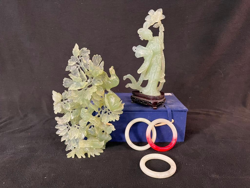 3 stone bracelets and 2 Asian stone carvings in the manner of Jade (1 of 10)