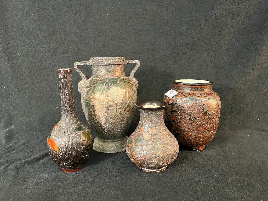 4 Asian decorated vases with metal inlay (1 of 6)