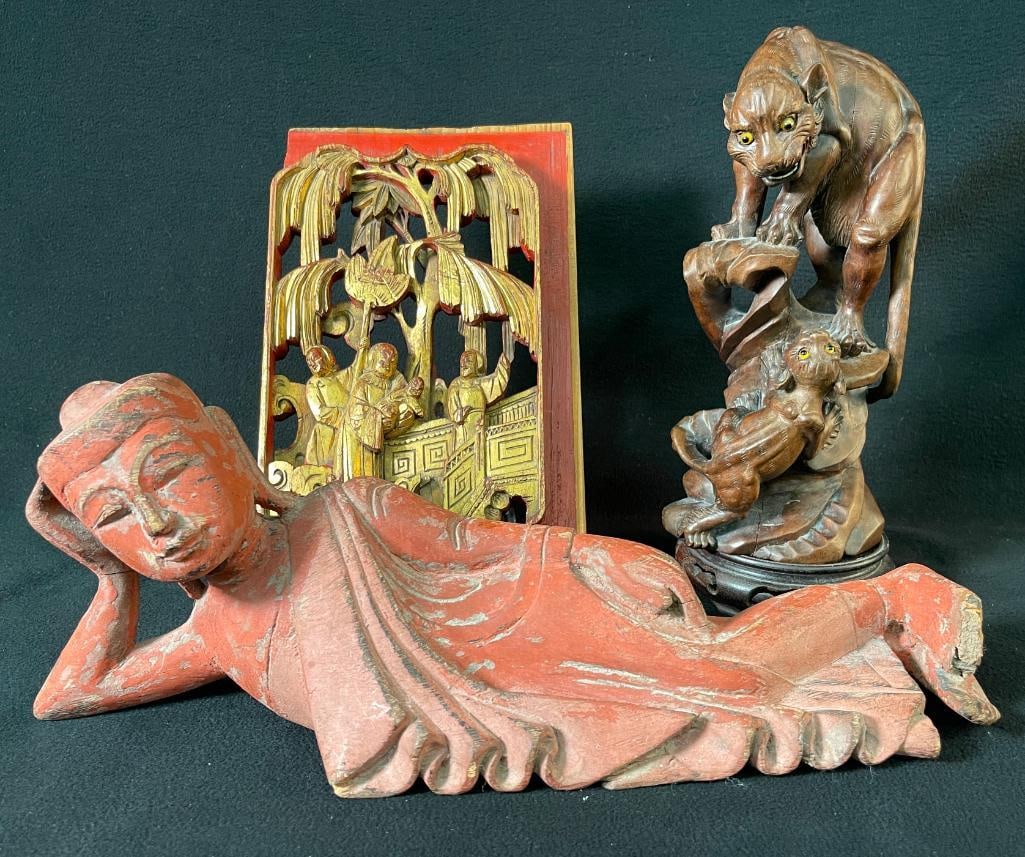3 Asian wood carvings, Reclining Buddha, Mountain Lion and Chinese panel: 3 Asian wood carvings, Reclining Buddha approx. 6x14 inches, Mountain Lion with cub, glass eyes and Chinese panel.