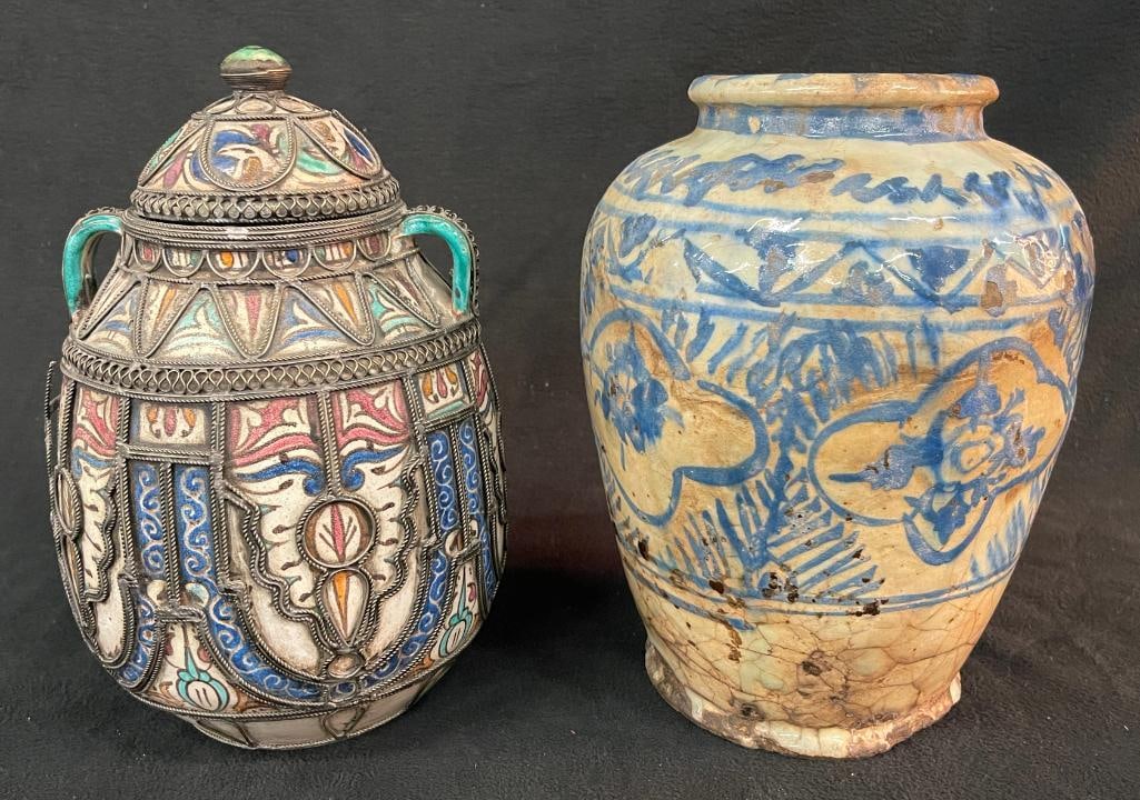 Asian polychrome pottery jar with silver wire and Islamic jar (1 of 17)