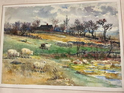 John Austin Sands Monks watercolor of Sheep: John Austin Sands Monks watercolor of Sheep. Approx. 27x21 inches.