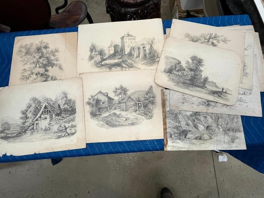 Group of signed pencil drawings: Group of signed pencil drawings, signatures illegible. Approx. 12 pieces.