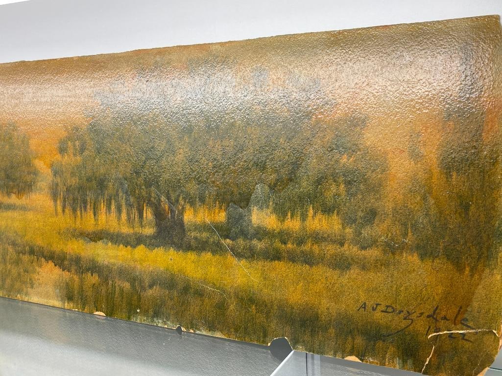 A.J. Drysdale 1922 oil on board "Morning Sunrise on the Bayou": A.J. Drysdale oil on board "Morning Sunrise on the Bayou". Approx. 10x30 inches.