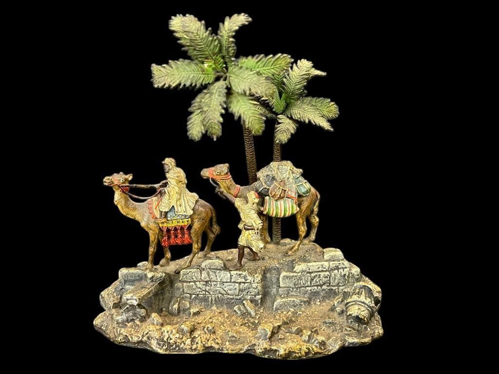 Bergmann Cold Painted bronze with Camels and Riders: Bergman Cold Painted bronze with Camels and Riders. Approx. 6x6x4 inches. Provenance: From the Monte Hoffman Collection.