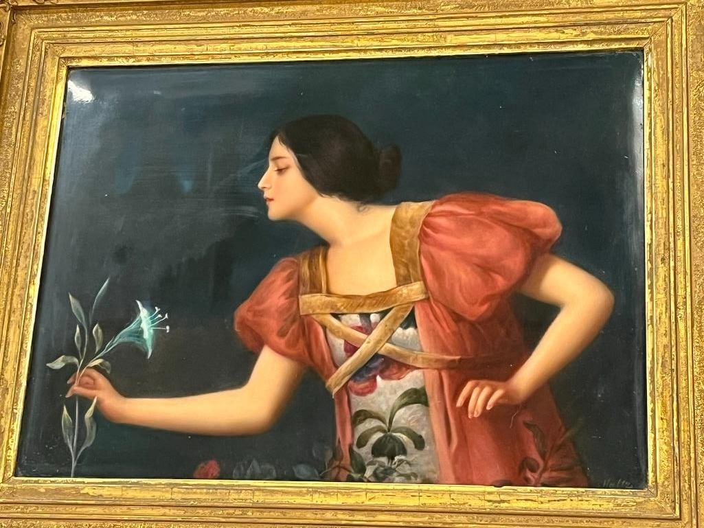 KPM Painting on Porcelain signed Haltz , Woman with Flower: KPM Painting on Porcelain signed Haltz , Woman with Flower. Approx. 10.5x12.5 inches. Provenance: From the Monte Hoffman Collection.