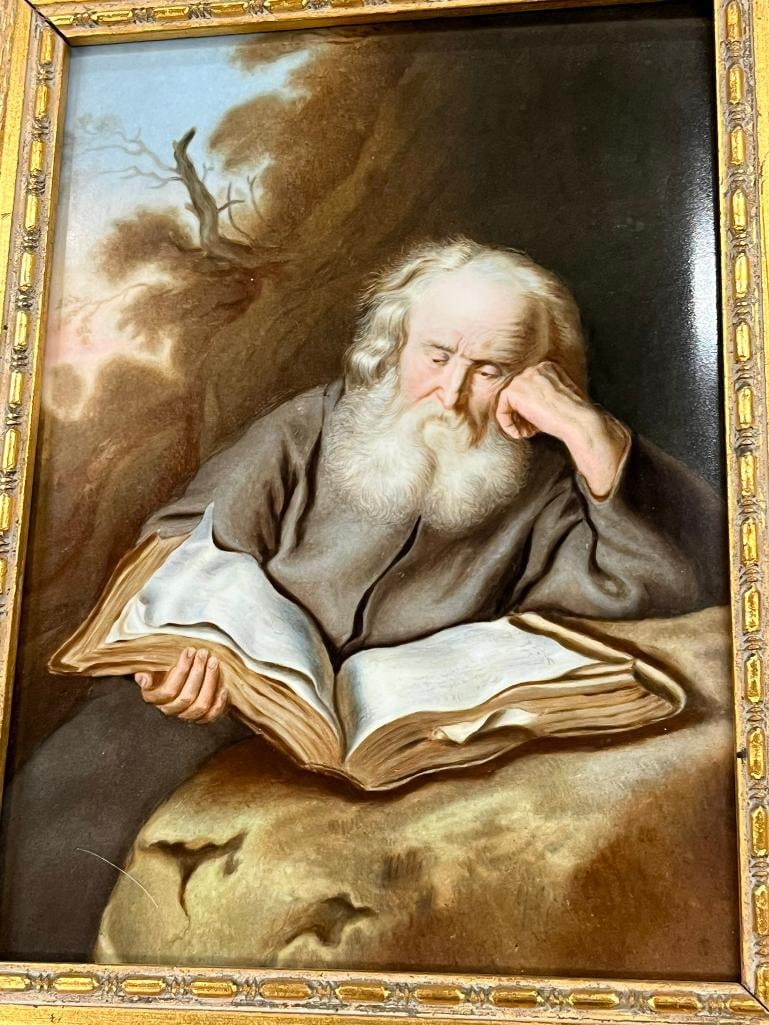 Early painting on porcelain of and Old Man reading a book: Early painting on porcelain of and Old Man reading a book. Approx. 9.5x11.75 inches. Provenance: From the Monte Hoffman Collection.