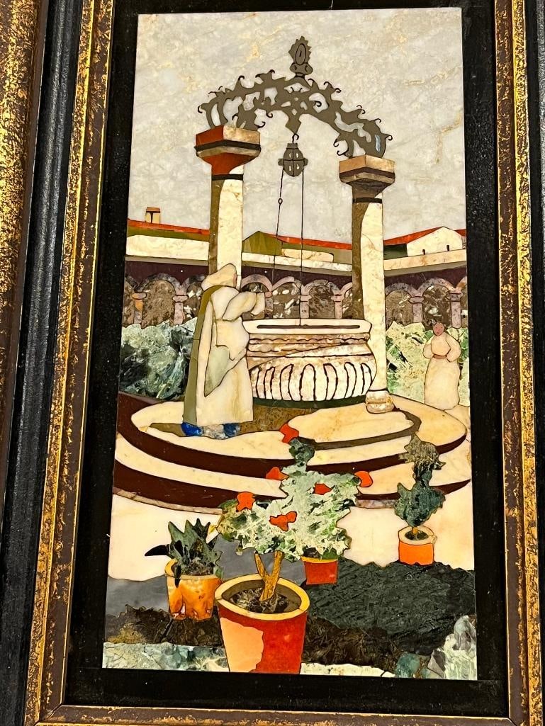 19th Century Pietra Dura Italian panel, Scene of People at Well: 19th Century Pietra Dura Italian panel, Scene of People at Well. Approx. 8x12.25 inches. Provenance: From the Monte Hoffman Collection.