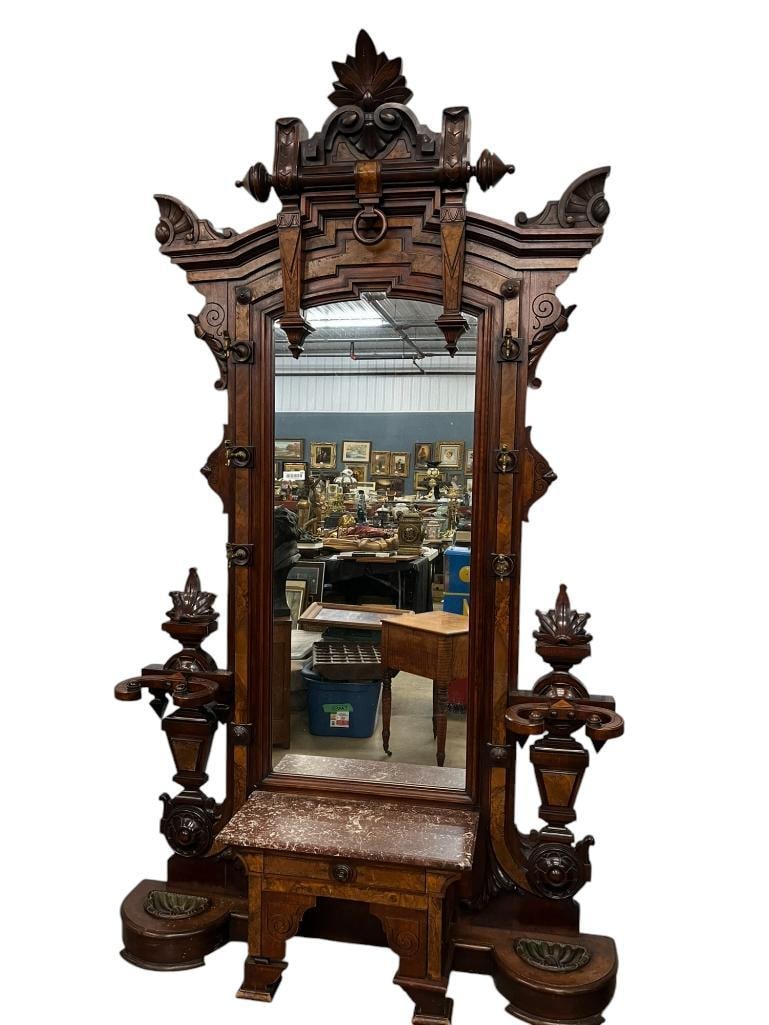 Beautifully Carved Victorian Walnut and Marble Hall Tree c. 1865 (1 of 13)