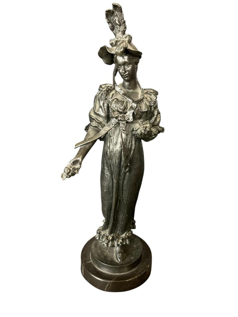 Josef Drischler bronze sculpture Woman with Roses: Josef Drischler bronze sculpture Woman with Roses. Approx. 13x4x4 inches. Provenance: From the Monte Hoffman Collection.