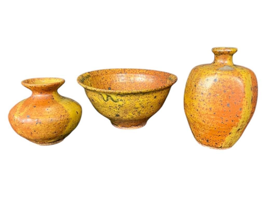 Pottery vases and bowl: Pottery vases and bowl. 3 pieces. Bowl approx. 3x6x6 inches.Provenance: From the Monte Hoffman Collection.
