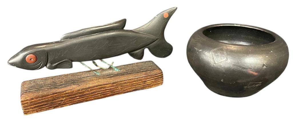 Black on Black potter bowl with numbers and fish sculpture: Black on Black potter bowl with numbers and fish sculpture. 2 pieces. Fish approx. 5x9x2 inches. Provenance: From the Monte Hoffman Collection.