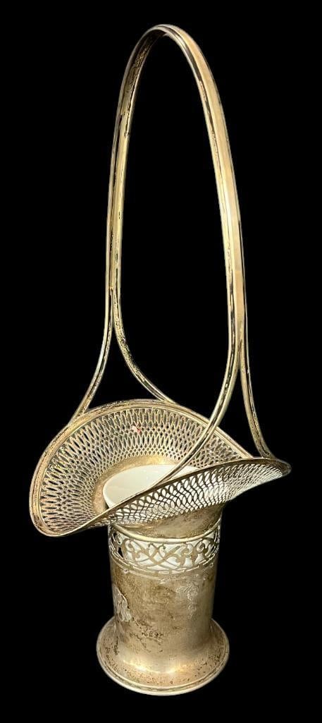 Sterling silver handled basket with insert: Sterling silver handled basket with insert. Approx. 15x6.5x5 inches. Approx. 8oz.