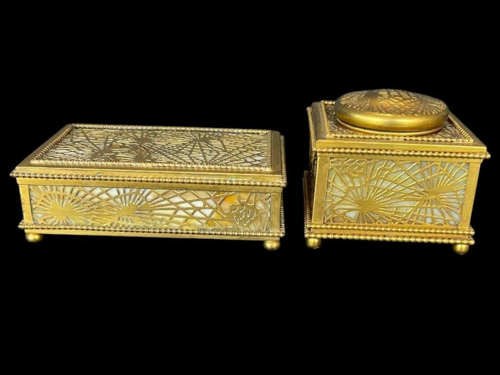 Tiffany Studios Pine Needle inkwell and box: Tiffany Studios Pine Needle inkwell 844 and 809 box.