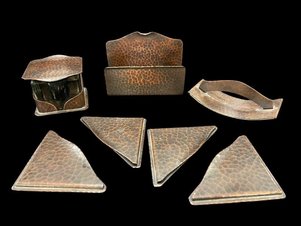 Avon Coppersmith hand hammered desk set: Avon Coppersmith hand hammered desk set, inkwell, letter holder etc. 7 pieces.