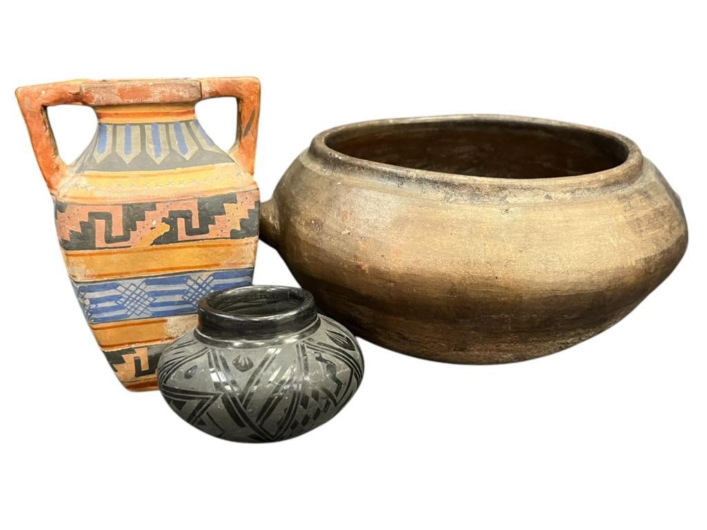 3 pieces Native American pottery, Corina Ortiz Blackware and more: 3 pieces Native American pottery, 19th century bowl, Corina Ortiz Blackware and vase with Polychrome bands.