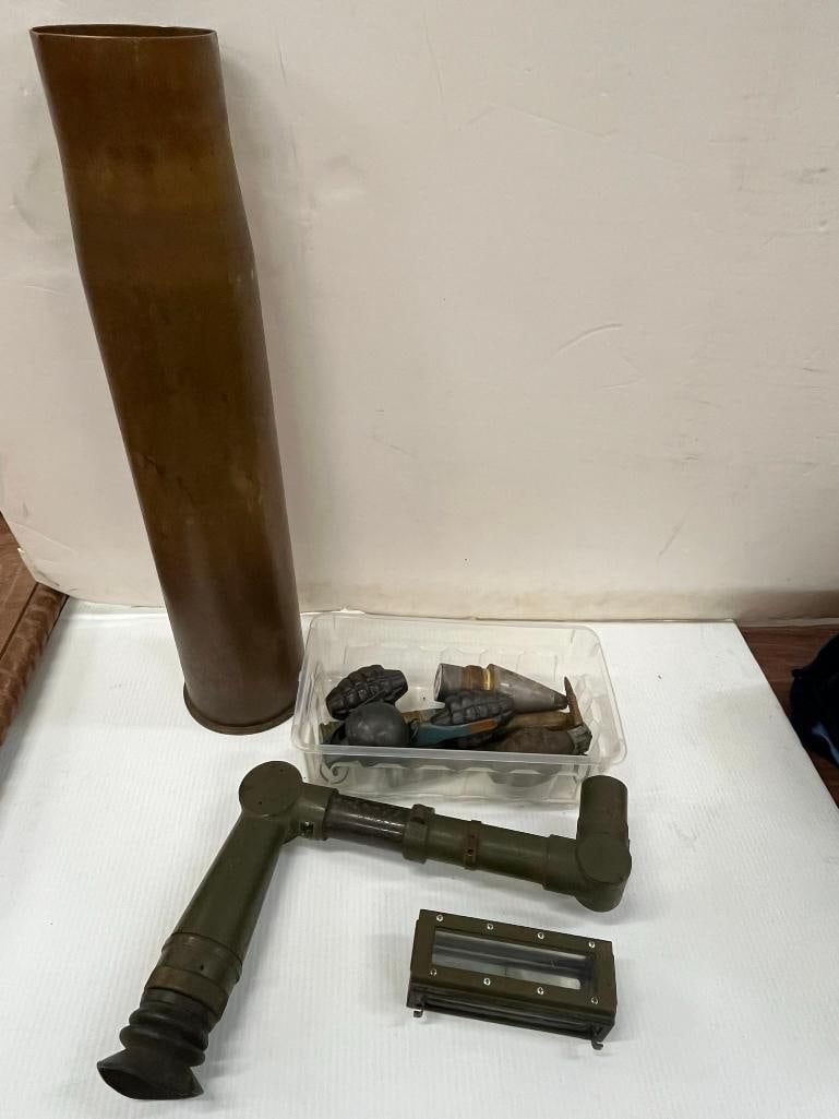 Group of Military training grenades, inert rounds, 105mm shell etc.: Group of Military training grenades, inert rounds, 105mm shell, periscopes and more.Approx. 12 pieces.