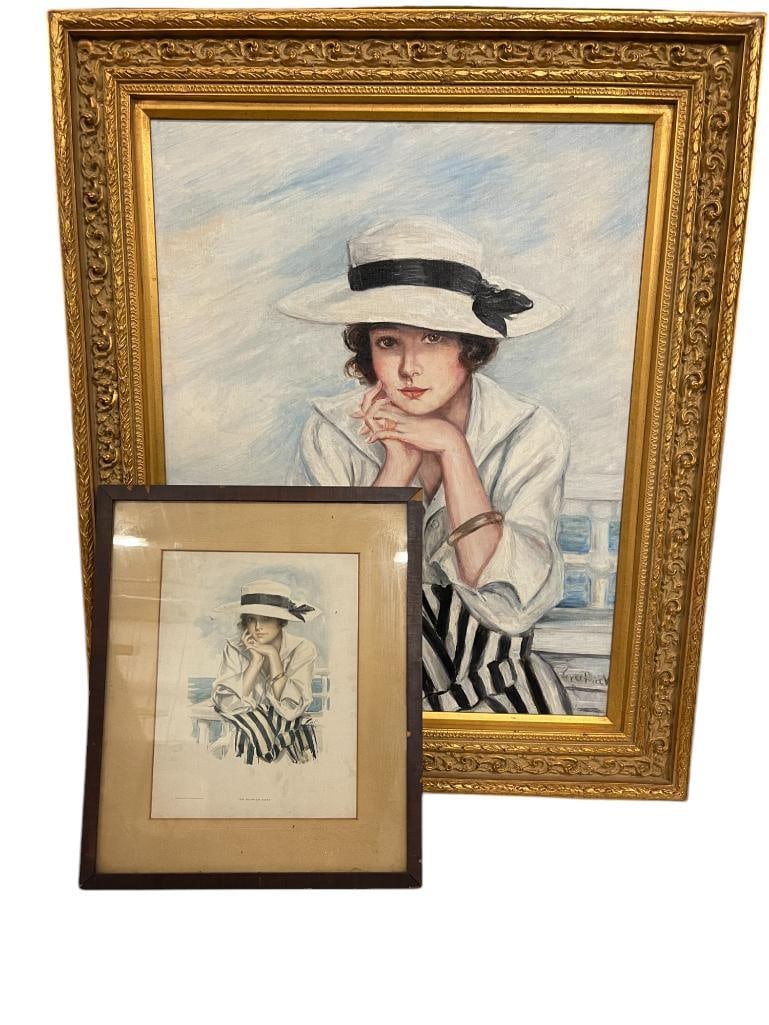 Signed Striking Oil on Board after Harrison Fisher print On Summer Seas: Signed Striking Oil on Board after Harrison Fisher print On Summer Seas. 2 pieces. Print approx. 16x19 inches. Painting approx. 32x39 inches.