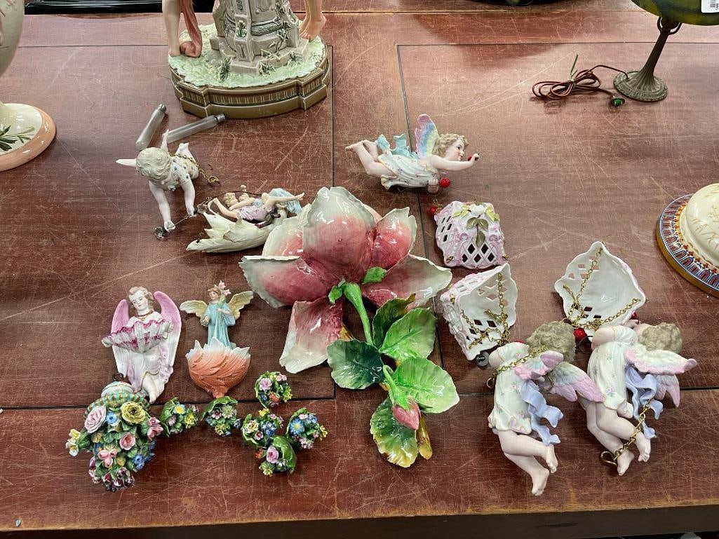 Group of Porcelain, Holy Water Fonts, Capodimonte, Angels with baskets etc.: Group of Porcelain, Holy Water Fonts, Capodimonte, Angels with baskets etc.