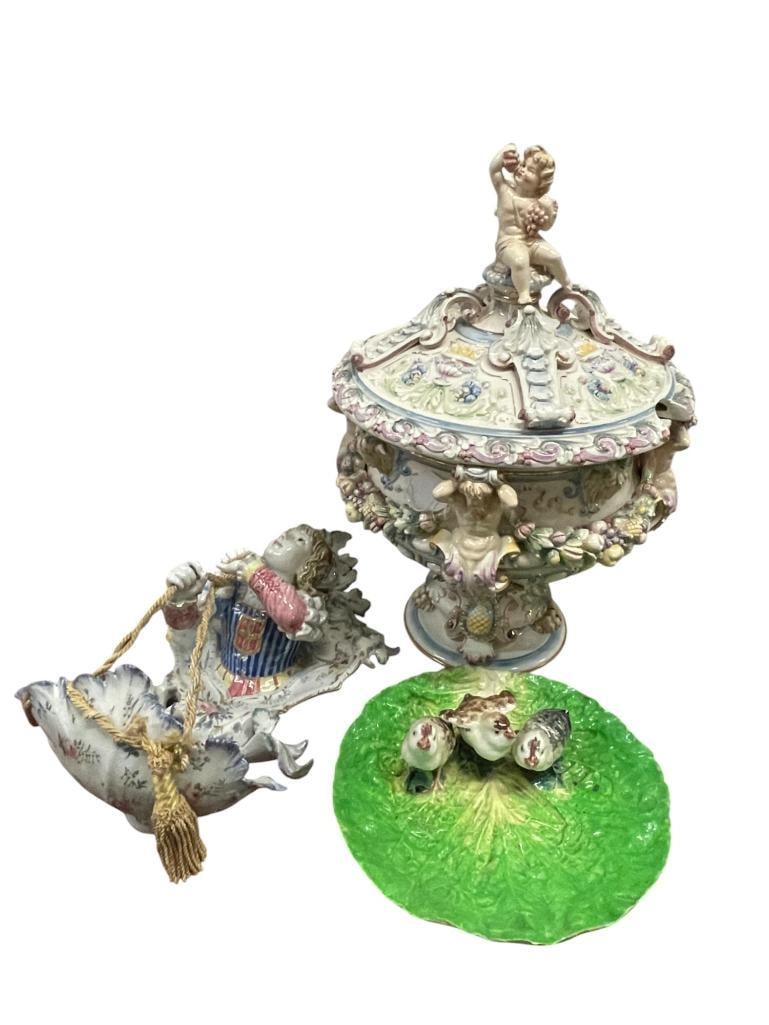 Amphora Tureen with Figures and Figural Wall Plaque: Amphora Tureen with Figures and Figural wall Plaque. Approx. 15x33 inches.