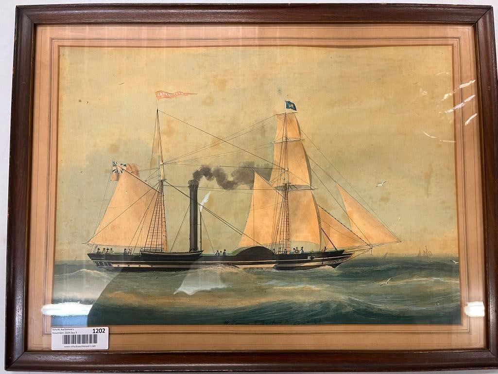 19th Century Watercolor Signed W. Timms - Bedford: 19th Century Watercolor signed W. Timms, Bedford. Flag on Ship says " Cape Britton " Approx. 23.5x17.5 inches.