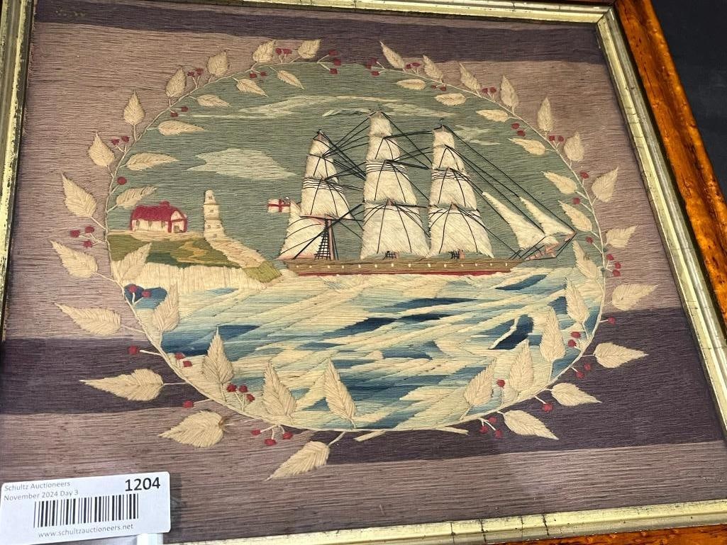 Early 19th c. Cross Stitch Ship in Birds Eye Maple Frame (1 of 9)