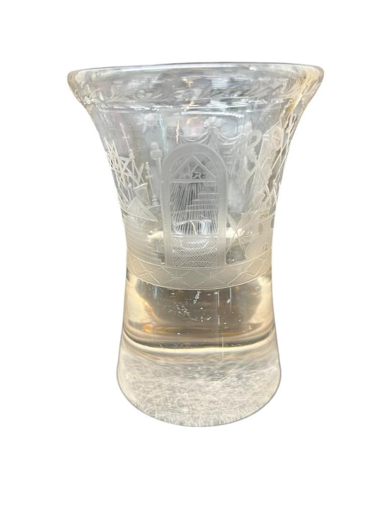 19th Century Small Heavy Etched Masonic Glass: 19th Century Small Heavy Etched Masonic Glass. Approx. 4.5x3x3 inches.