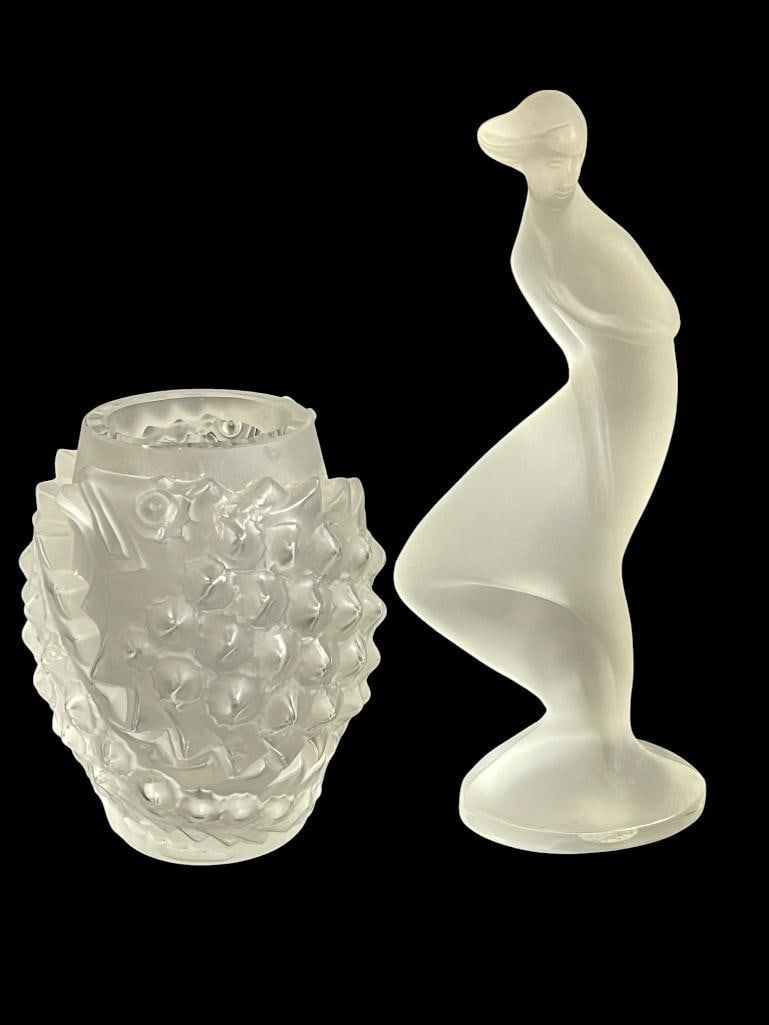 Lalique vase and Figure of a Woman: Lalique vase and Figure of a Woman. 2 pieces. Approx. 9x4x2 inches.