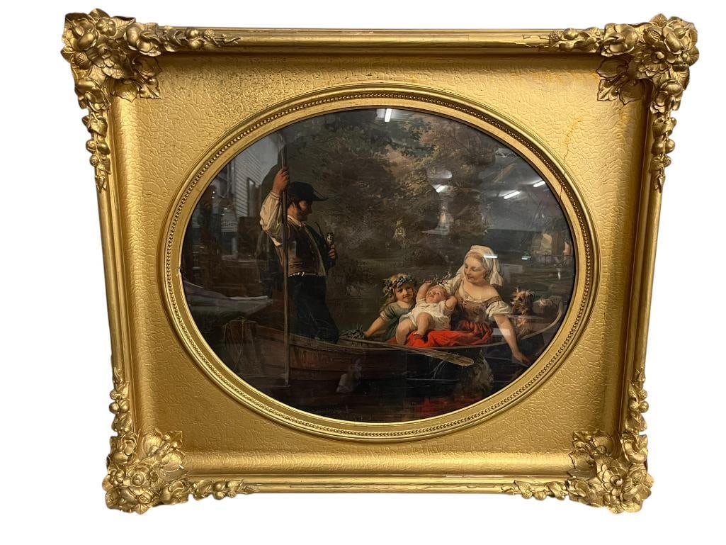 Wonderful Gold frame with Man and Woman with Children on boat: Wonderful Gold frame with Man and Woman with Children on boat.? Approx. 36x31 inches.