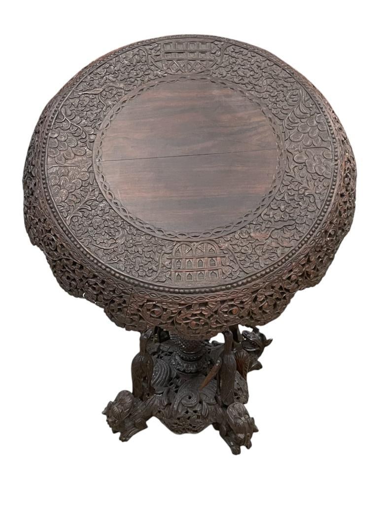 Heavily Carved Teak Wood Round Top Table with Birds and Griffins designs (1 of 11)
