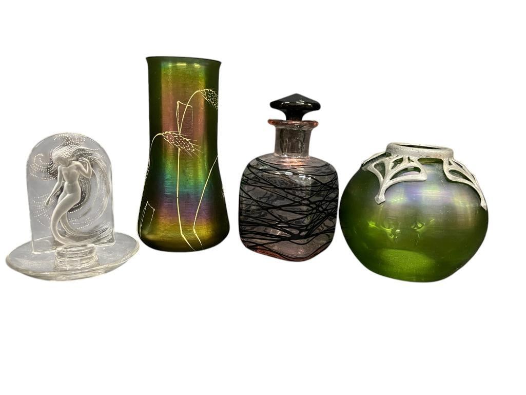 Art Glass Bottle with Stopper, Dish with Nude and more: Art Glass Bottle with Stopper, Dish with Nude and more. 4 pieces. Tallest approx. 3x6 inches.
