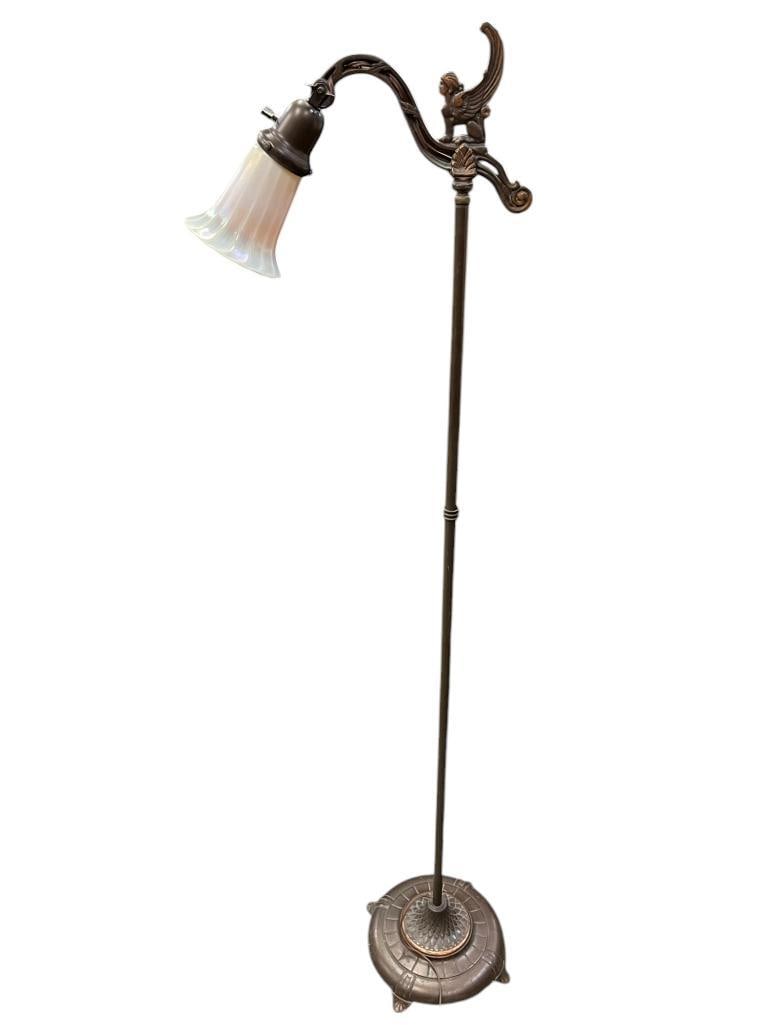 Floor Lamp with Sphinx Finial and Art Glass Shade: Floor Lamp with Sphinx Finial and Art Glass Shade. Approx. 59x16 inches.