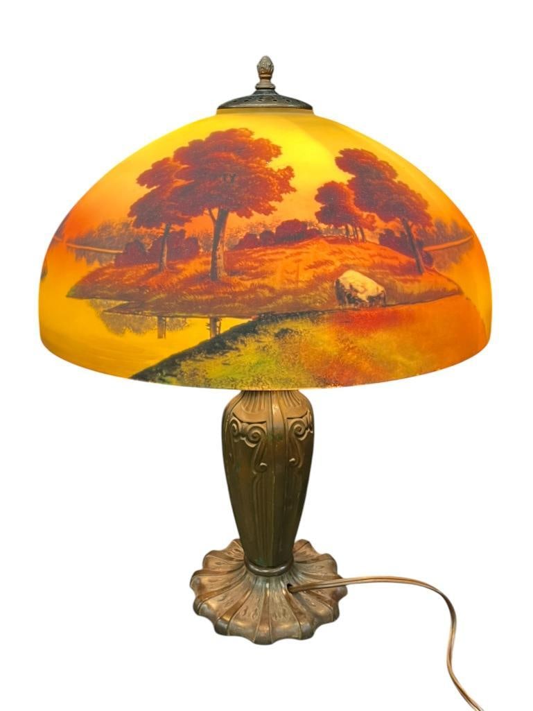 Reverse Painted Glass Lamp of an Autumn Scene (1 of 8)