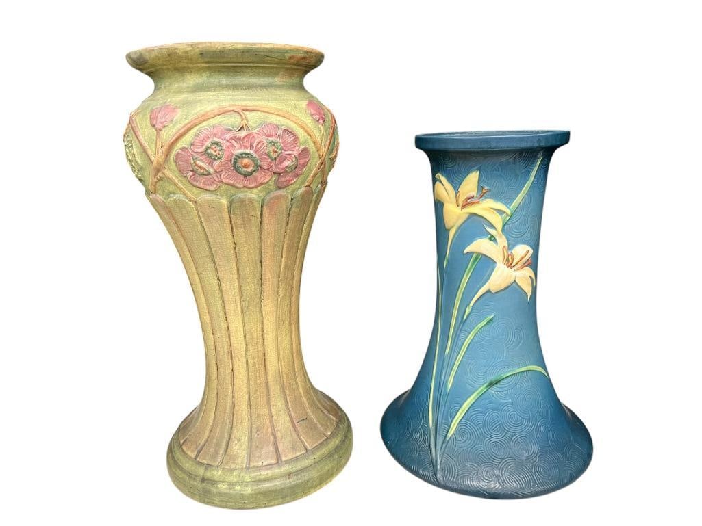 2 Roseville Pottery Pedestals: 2 Roseville Pottery Pedestals. Approx. 9x20.5 inches.