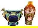 Art Pottery including Forester Majolica Dragon handle Jardiniere